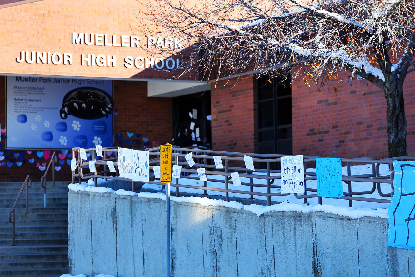 Hundreds of paper hearts and signs from the community are seen at Mueller Park Junior High School in Bountiful on Friday, Dec. 2, 2016, a day after a student fired a gun inside the school. (Photo: Scott G Winterton, Deseret News)
