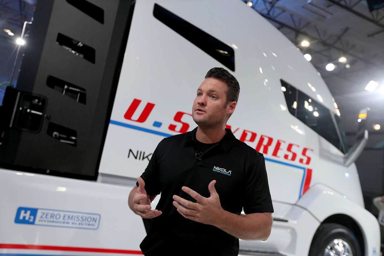 Trevor Milton, Nikola’s CEO, talks about the Nikola One electric semitrailer at Nikola World headquarters in Salt Lake City on Friday, Dec. 2, 2016. The prototype Nikola One is expected to be the most fuel efficient class 8 truck ever built. (Photo: Laura Seitz, Deseret News)