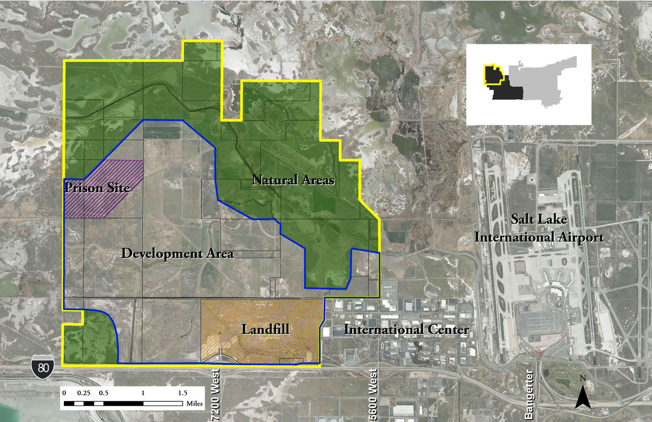 A map overlay shows the land that is being considered for development by Salt Lake City. Mayor Jackie Biskupski, during a press conference at the Salt Lake City Public Safety Building on Monday, Dec. 5, 2016, kicked off an aggressive two-year plan to build an infrastructure backbone and develop an economic implementation plan for the city’s northwest quadrant west of the Salt Lake City International Airport and the International Center press conference at the Salt Lake City Public Safety Building on Monday, Dec. 5, 2016. (Photo: Handout, Deseret News)