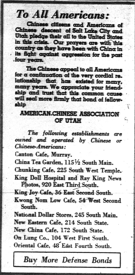 An advertisement placed in the Deseret News on Dec. 8, 1941 from the American Chinese Association of Utah in response to the Pearl Harbor attack. (Photo: Deseret News Archives)