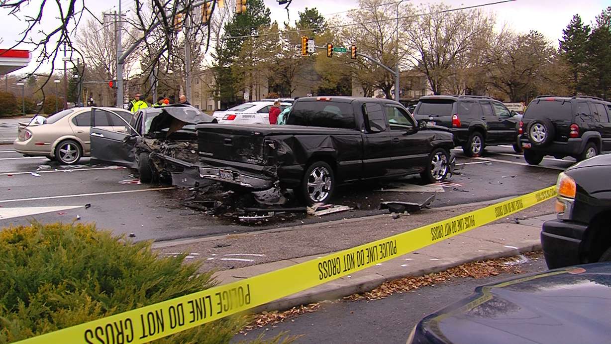 Six people transported to a hospital, two in critical condition, following an eight-car crash at 2200 West and 4700 South in Taylorsville Saturday, Dec. 10, 2016. (Photo: Winston Armani, KSL TV)