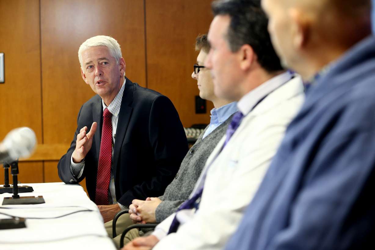 Tracy Schmidt, of Intermountain Donor Services, speaks as he joins patient Lorenzo Swank, Dr. Richard Gilroy and patient David Ericson discuss how Intermountain Medical Center used diseased livers to save lives during a press conference in Murray on Tuesday, Dec. 13, 2016. (Photo: Scott G Winterton, Deseret News)