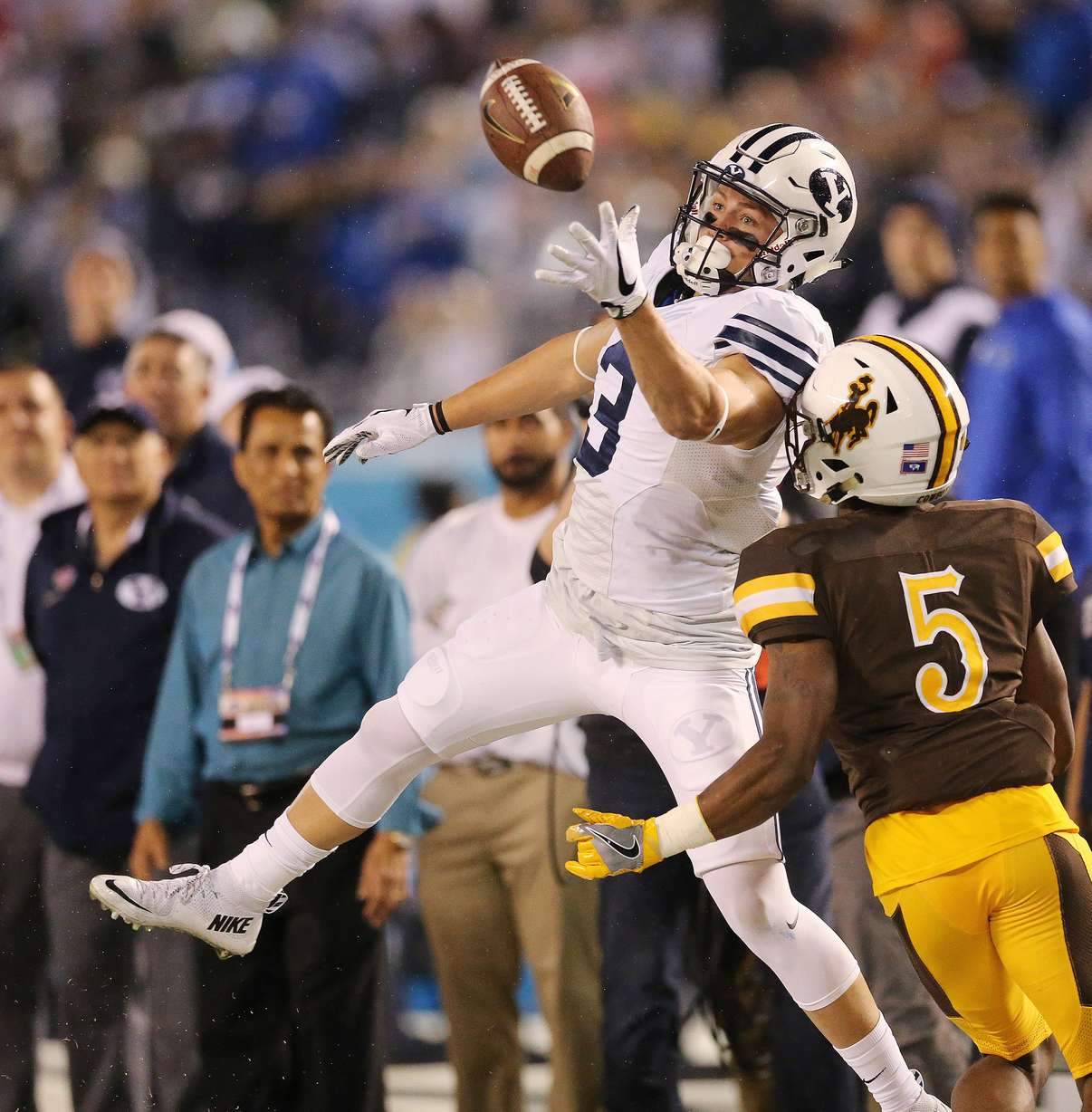BYU wide receiver Colby Pearson (3) cant come up with the ball as Wyoming cornerback Rico Gafford (5) defends during the Poinsettia Bowl in San Diego on Wednesday, Dec. 21, 2016. (Photo: Jeffrey D. Allred, Deseret News)