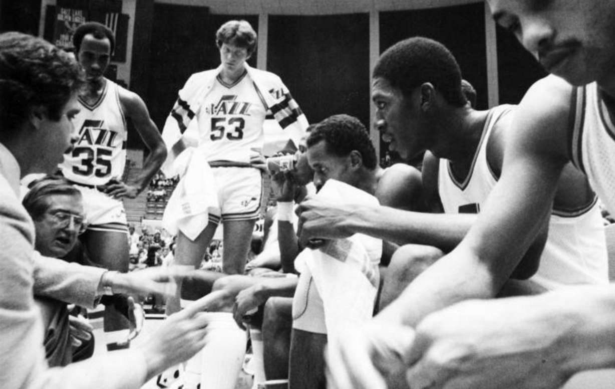 The Utah Jazz during a timeout break in a photo taken sometime in the 1980s. (Photo: Utah State Historical Society)