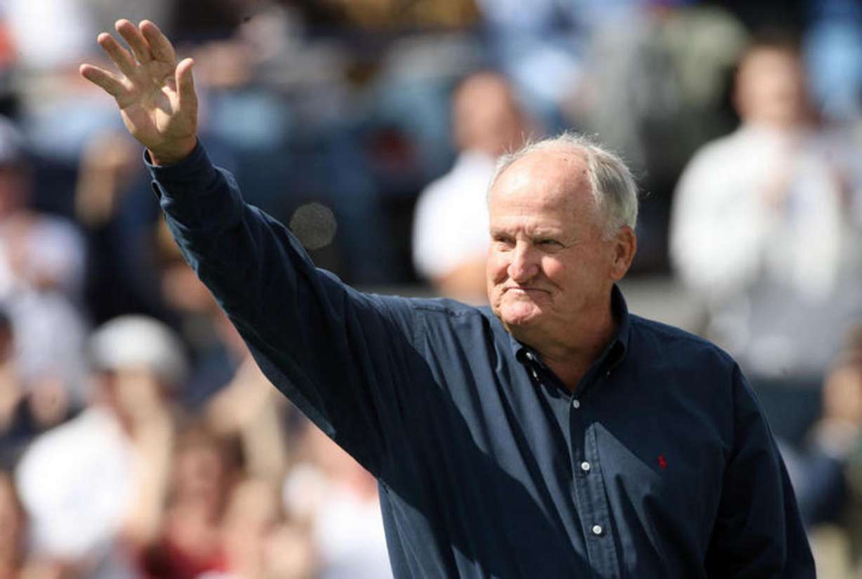 Former BYU football coach LaVell Edwards acknowledges the crowd as he and other BYU Hall of Fame Inductees are honored after the first quarter of action as Utah State faces BYU in college football action at LaVell Edwards Stadium in Provo Saturday, September 23, 2006. (Photo: Jason Olson, Deseret News archives)