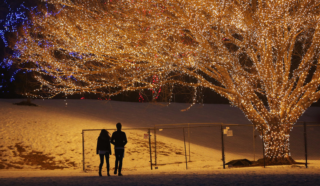 A couple look over the Tree of Life at Draper City Park in Draper on Friday, Dec. 30, 2016. A lone willow tree lights the air with over 1,000 strands of lights. (Photo: Jeffrey D. Allred, Deseret News)