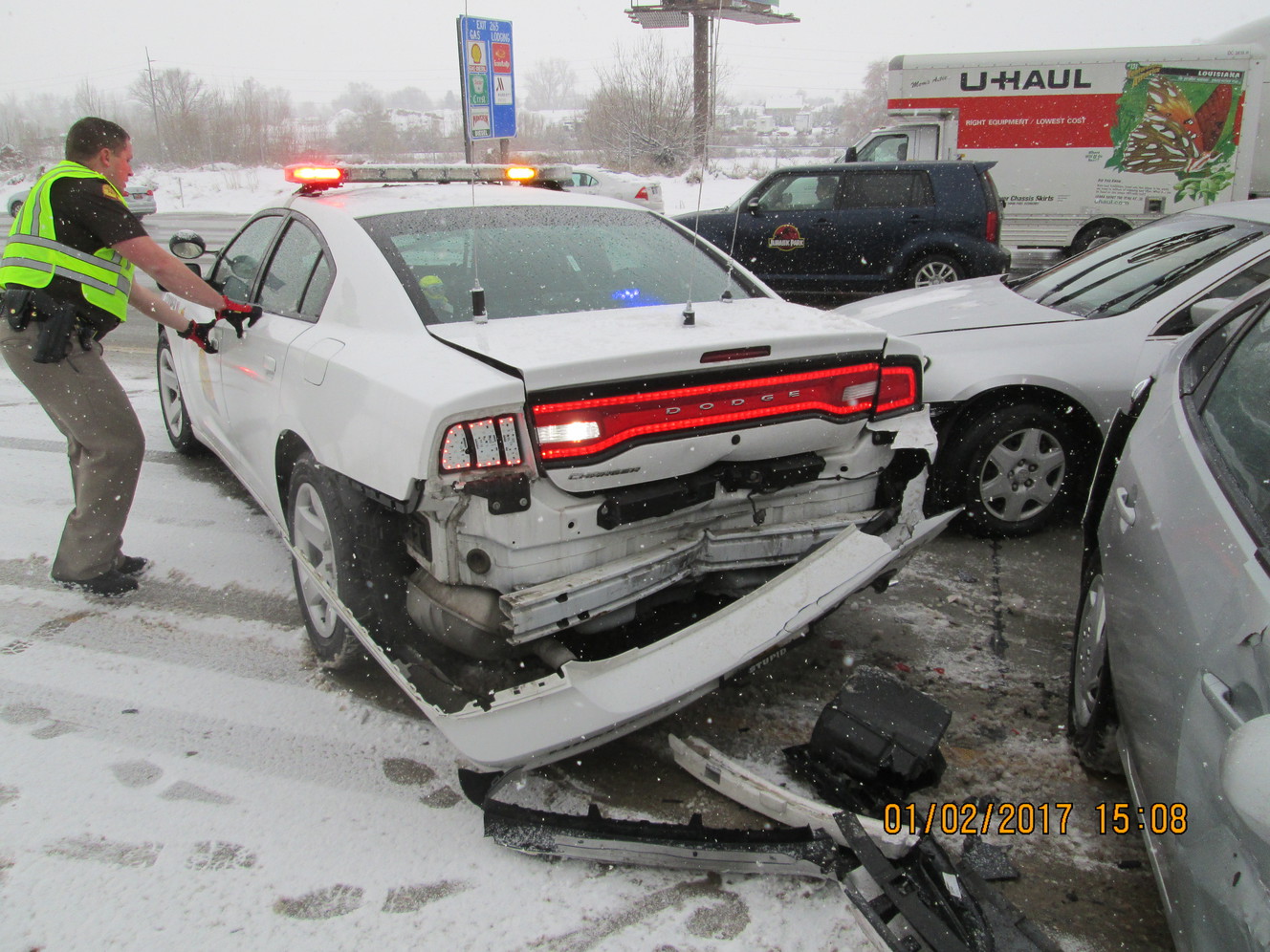 Snowstorms sent drivers sliding off roads in 177 separate incidents Monday, Jan. 2, 2016, three of which involved Utah Highway Patrol troopers. The majority of those incidents occurred between Salt Lake and Utah counties. Two of the patrol cars were totaled, according to UHP. One was hit multiple times. The troopers were uninjured. (Photo: Utah HIghway Patrol)