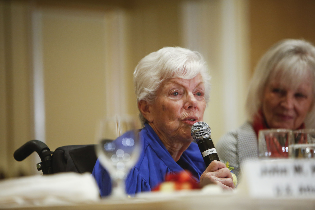 Barbara Toomer, Rosa Parks Award recipient, left, speaks during the 33rd annual Dr. Martin Luther King Jr. Memorial Luncheon at the Little America Hotel in Salt Lake City on Monday, Jan. 16, 2017.