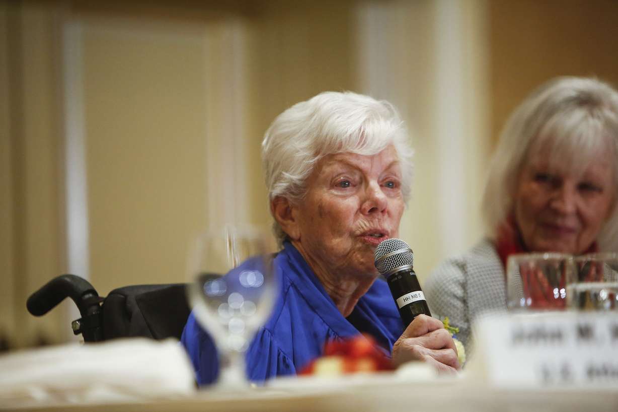 Barbara Toomer, Rosa Parks Award recipient, left, speaks during the 33rd annual Dr. Martin Luther King Jr. Memorial Luncheon at the Little America Hotel in Salt Lake City on Monday, Jan. 16, 2017.