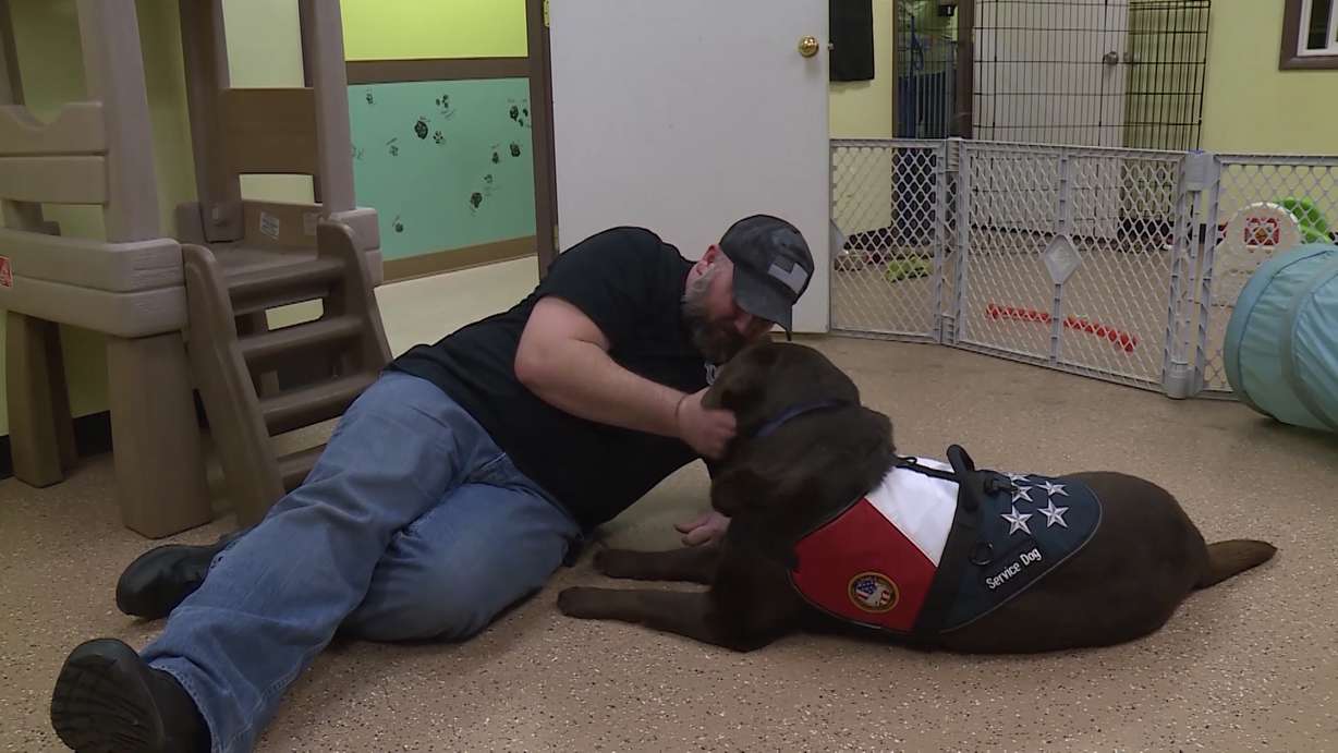James Mann with a service dog. Photo: Adam Sotelo, KSL TV