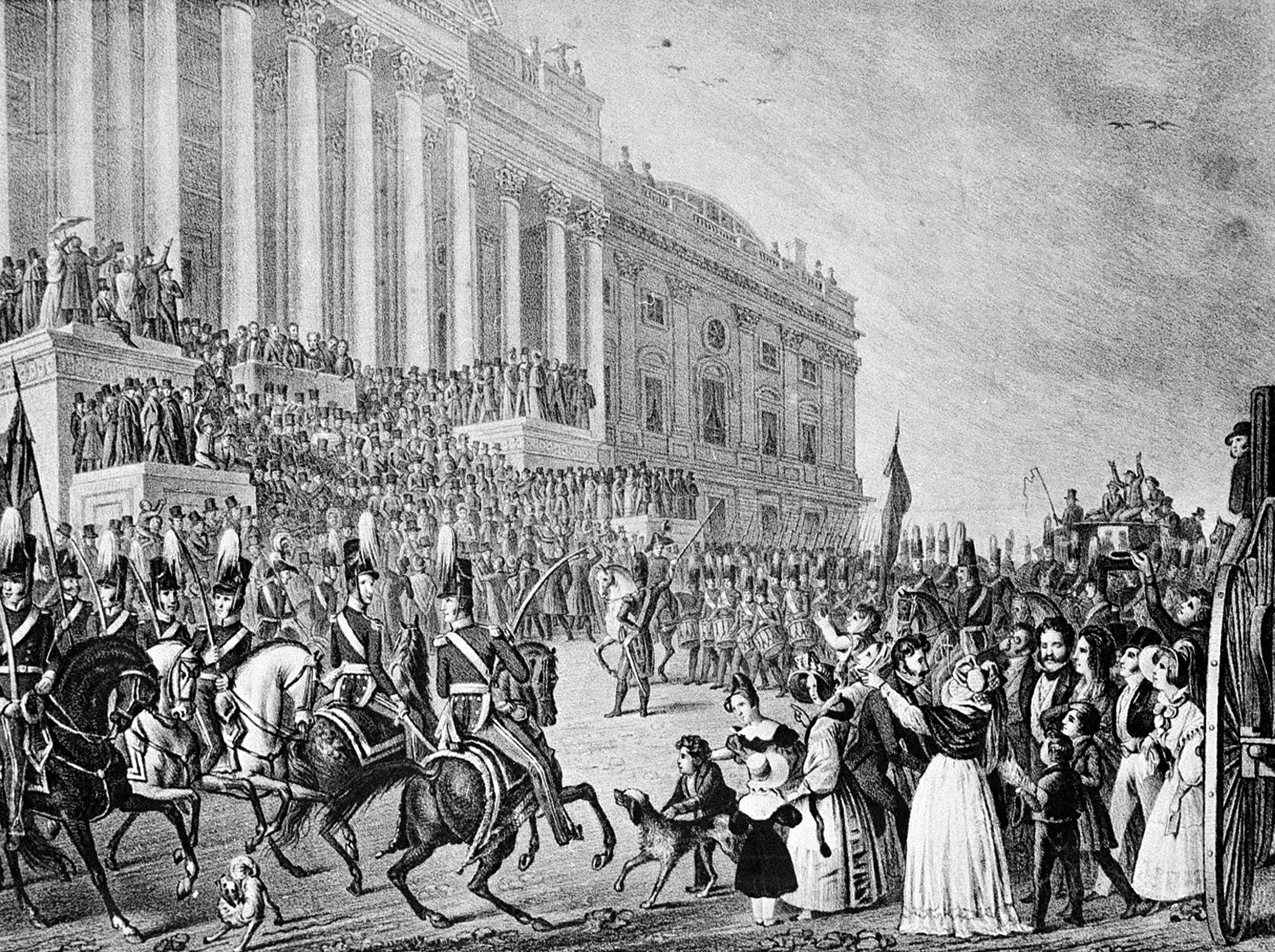 This is an artist's impression of President William Henry Harrison's inauguration in Washington, D.C., on March 4, 1841. Harrison declined the offer of a closed carriage and rode on horseback to the Capitol, braving cold temperatures and a northeast wind. After speaking for more than an hour, he returned to the White House on horseback, catching a chill that eventually turned to pneumonia. He died a month later. (AP Photo)