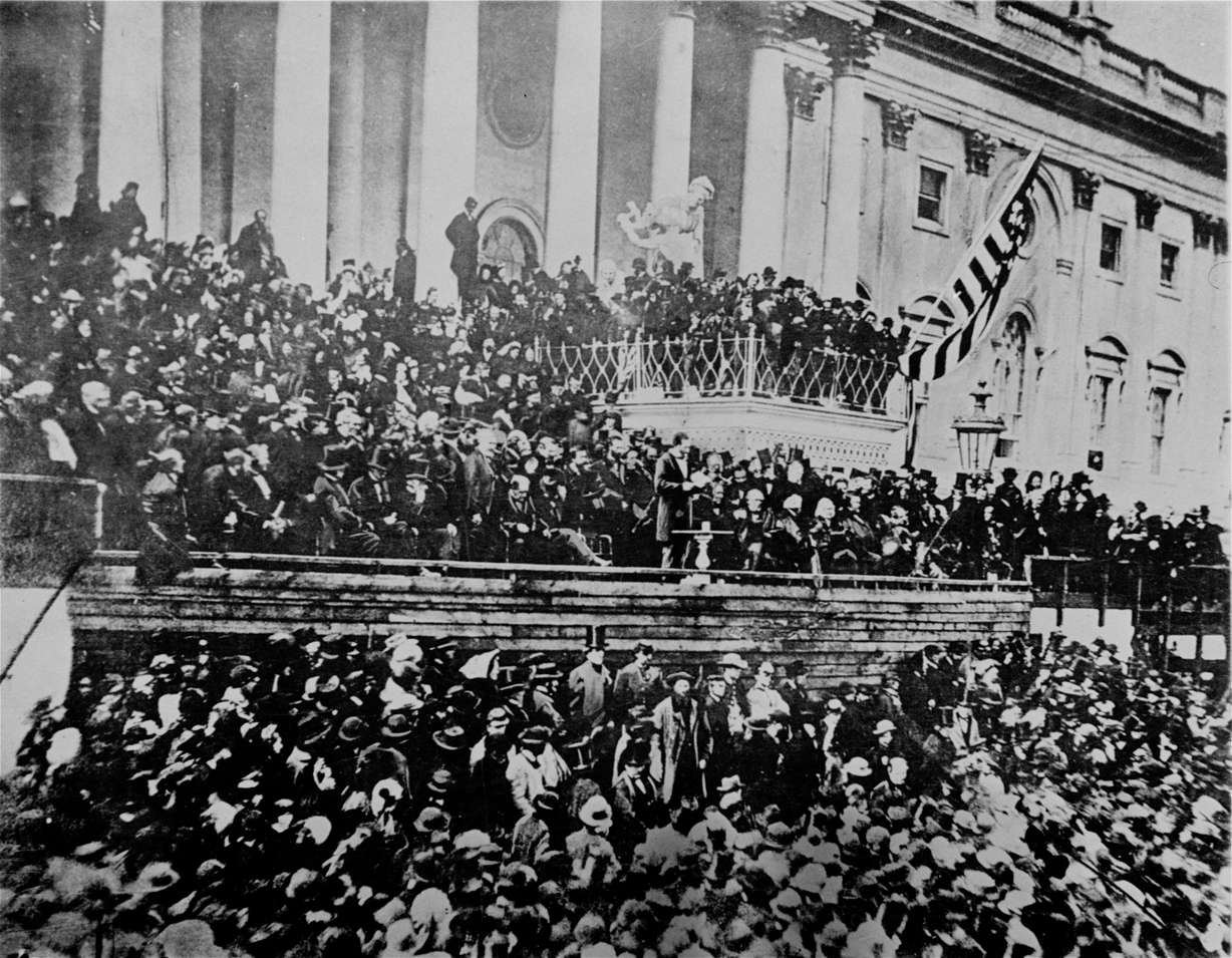 A scene in front of the East front of the U.S. Capitol is seen during President Abraham Lincoln's second inauguration, 1865, just six weeks before his assassination. (AP Photo/File)