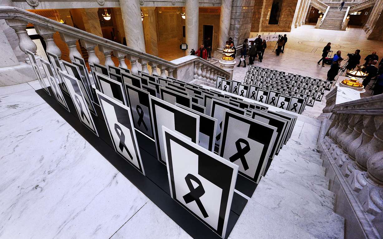 Markers fill the west staircase at the Capitol in Salt Lake City on Wednesday, Jan. 18, 2017. Each marker represents a life lost on Utah roads in 2016. (Photo: Ravell Call, Deseret News)