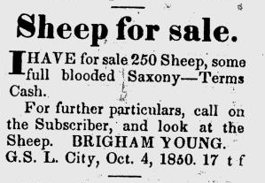 An advertisement for sheep in the Oct. 5, 1850 edition of the Deseret News.
