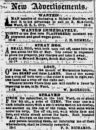 Classified ads in the July 11, 1860 edition of the Deseret News.