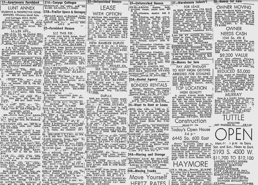 A cluster of classified ads for housing in the Oct. 6, 1961 edition of the Deseret News.