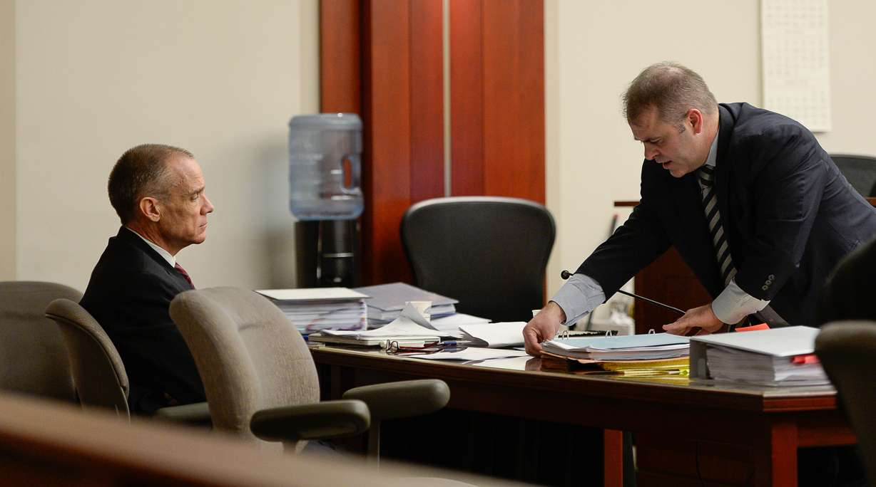 In this file photo, Marc Sessions Jenson,, left, appears in court during his ongoing trial alongside his attorney Marcus Mumford on Tuesday, Jan. 27, 2015, for second-degree felony charges of fraud, money laundering and theft by deception in connection with the failed Mt. Holly ski resort near Beaver. (Photo: Francisco Kjolseth, Court Pool, File)