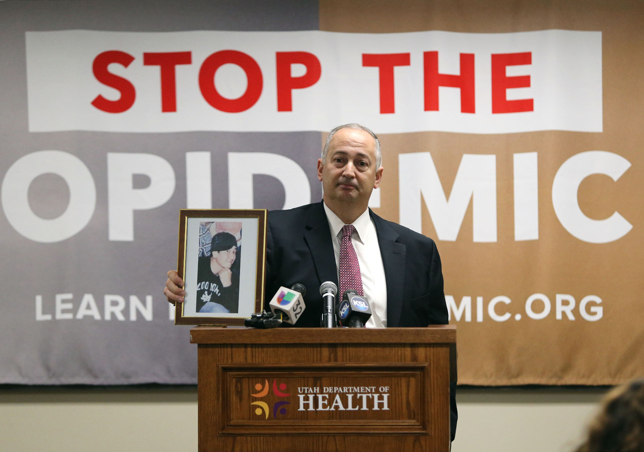 Mark Lewis, father of a 27-year-old son who died from a heroin overdose, speaks at a press conference to launch a new campaign, Stop the Opidemic, at the Utah Department of Health in Salt Lake City on Wednesday, Jan. 25, 2017. (Photo: Kristin Murphy, Deseret News)