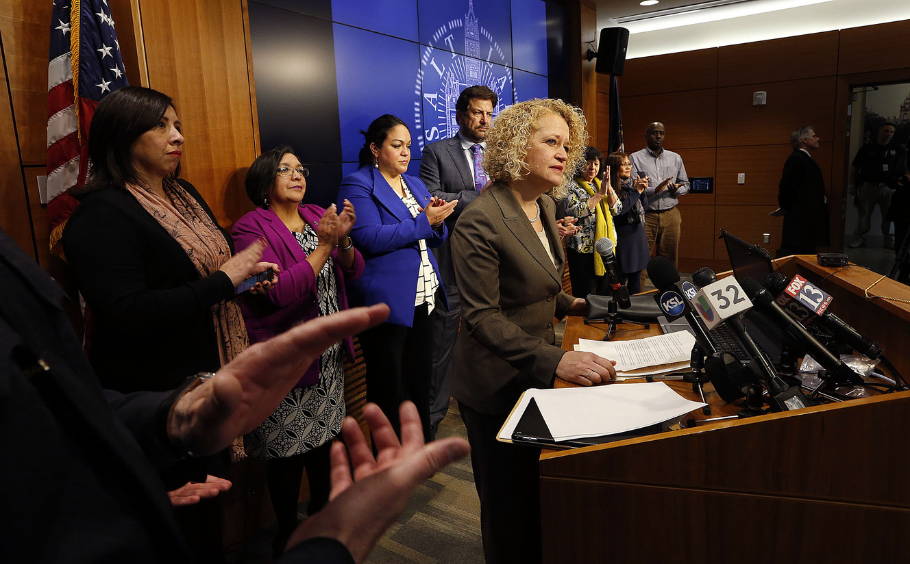 Salt Lake City Mayor Jackie Biskupski is applauded as she speaks during a press conference concerning immigration at the Public Safety Building in Salt Lake City on Thursday, Jan. 26, 2017. (Photo: Ravell Call, Deseret News)