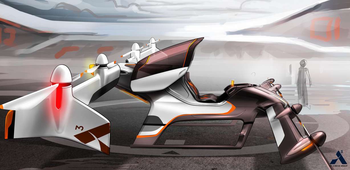 This artist rendering provided by Airbus shows a vehicle in their flying car project, Vahana. (Airbus via AP)