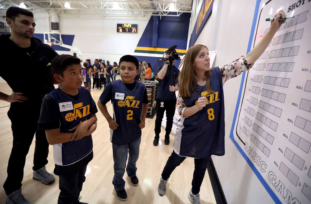 Utah Jazz player Raul Neto, James Jaimes, Fernando Rodriguez and Sarah Easton compete in NBA Math Hoops at the Zions Bank Basketball Center in Salt Lake City on Monday, Jan. 30, 2017. (Photo: Kristin Murphy, Deseret News)