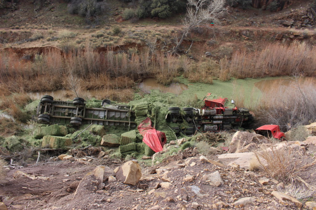 Semitruck loaded with hay rolls into river