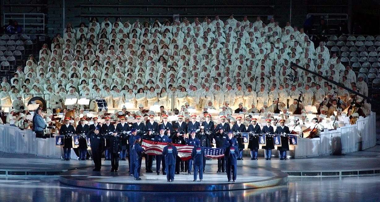 The Mormon Tabernacle Choir performs during the Salt Lake 2002 Olympic Winter Games Opening Ceremony at Rice-Eccles Stadium, Friday, Feb 8, 2002. (Photo: Jeffrey D. Allred, Deseret News, File)