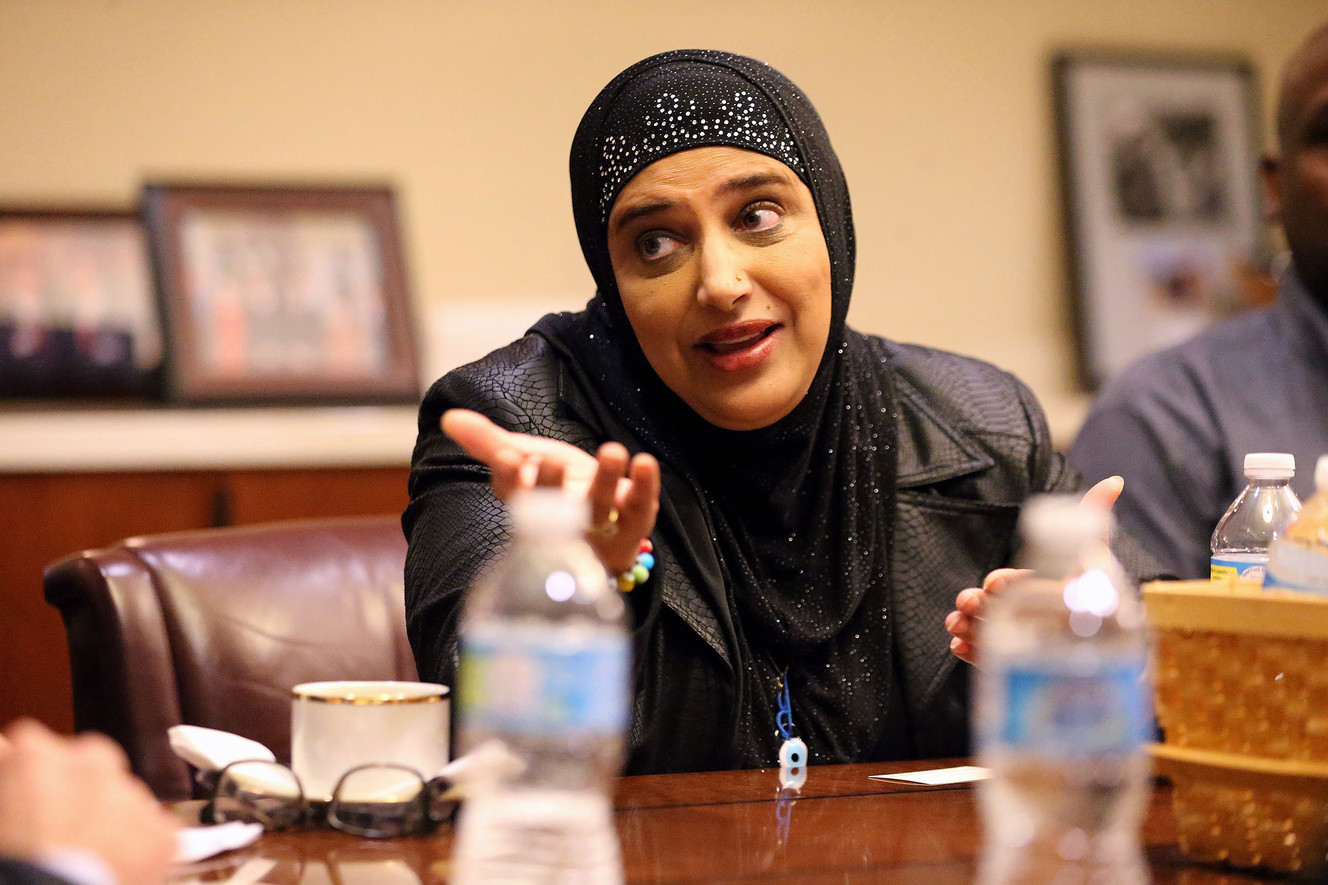 Noor UI-Hasan, Muslim community activist, asks questions of U.S. Rep. Jason Chaffetz. Photo: Scott G Winterton, Deseret News