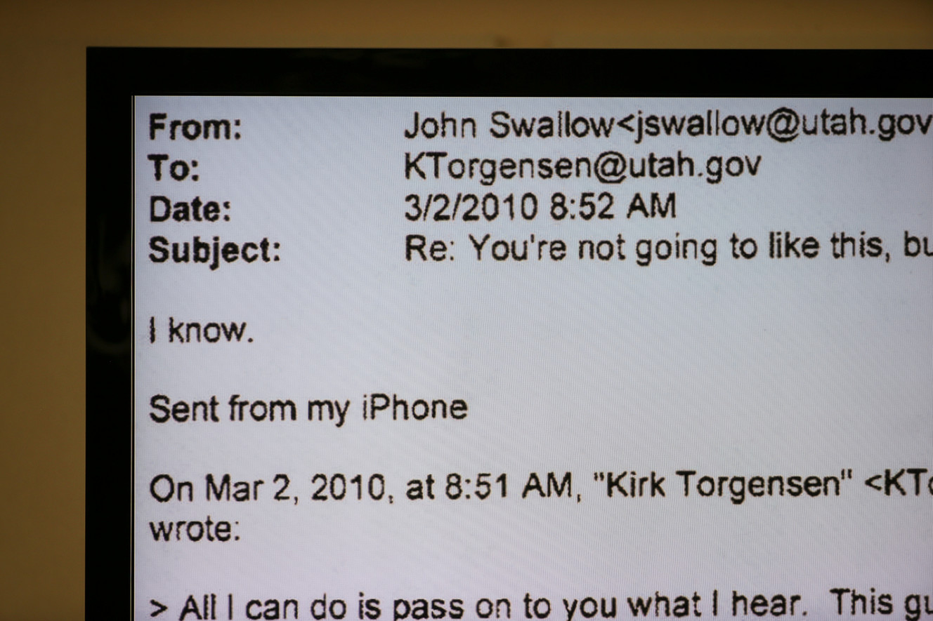 An email is displayed as evidence on a screen on the fourth day of former Utah Attorney General John Swallow's public corruption trial at the Matheson Courthouse in Salt Lake City on Friday, Feb. 10, 2017. (Photo: Spenser Heaps, Deseret News)
