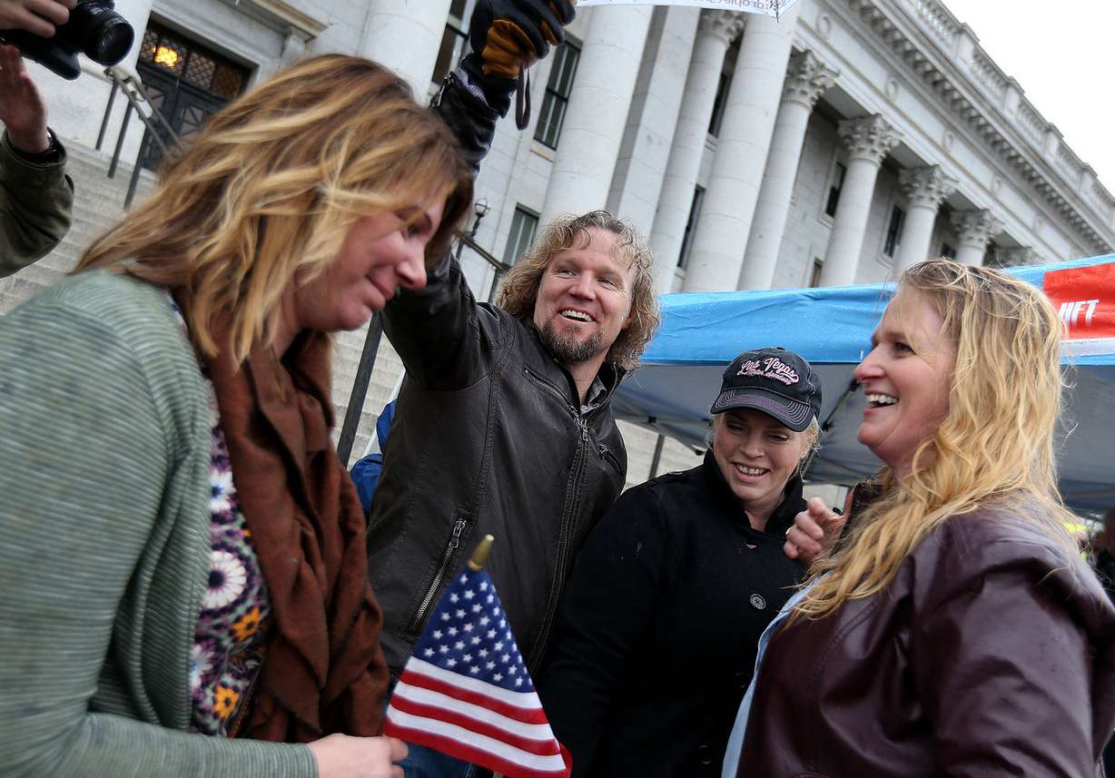 Kody Brown and his wives — Meri, Janelle and Chrsitine — of “Sister Wives,” attend a rally at the Capitol in Salt Lake City on Friday, Feb. 10, 2017. (Photo: Laura Seitz, Deseret News)