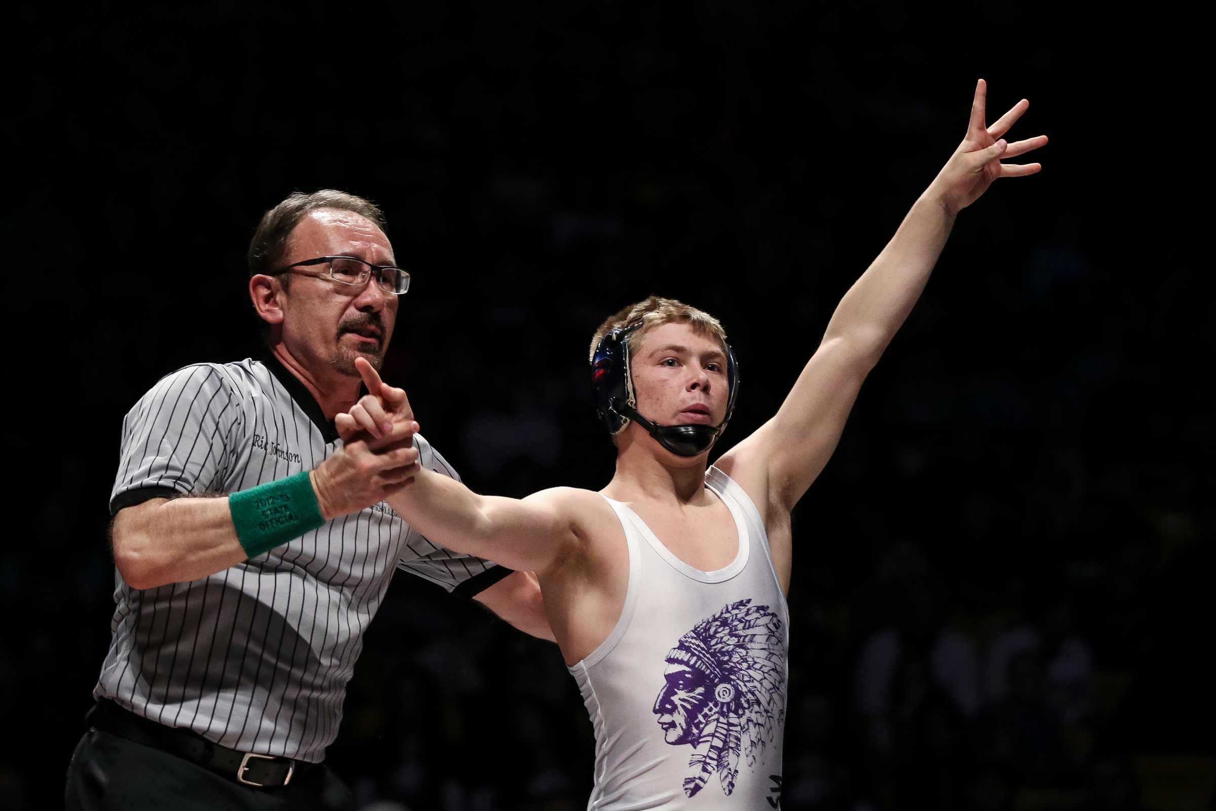 Jaxon Cole, of North Summit, right, celebrates his win in the 2A 126 match at the UHSAA Wrestling State Championships at the UCCU Center in Orem on Saturday, Feb. 11, 2017. (Photo: Spenser Heaps, Deseret News)