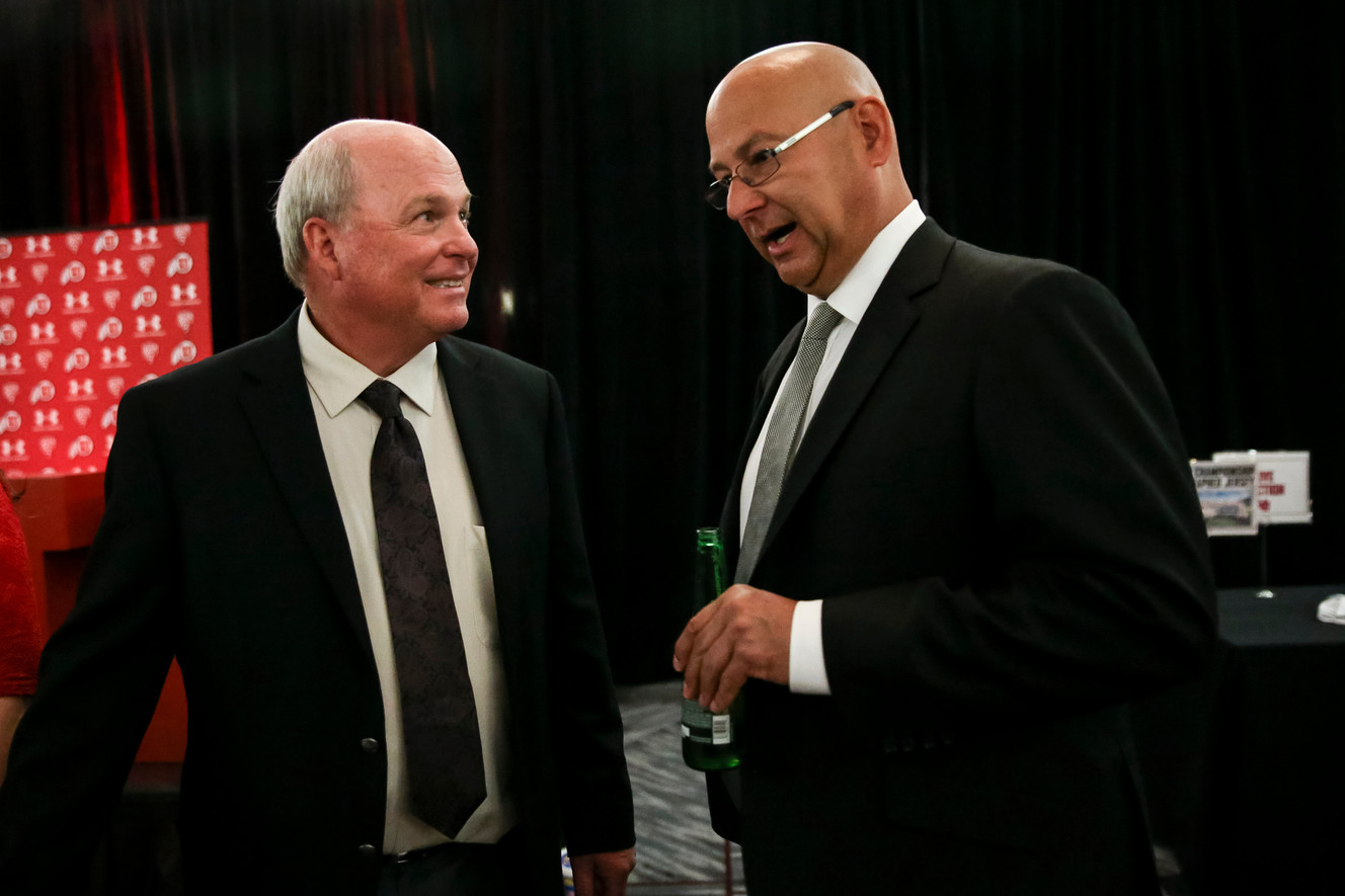 Utah baseball coach Bill Kinneberg, left, chats with Cleveland Indians Manager Terry Francona at a fundraiser event for University of Utah baseball at the Sheraton in Salt Lake City on Tuesday, Feb. 07, 2017. (Photo: Spenser Heaps, Deseret News)