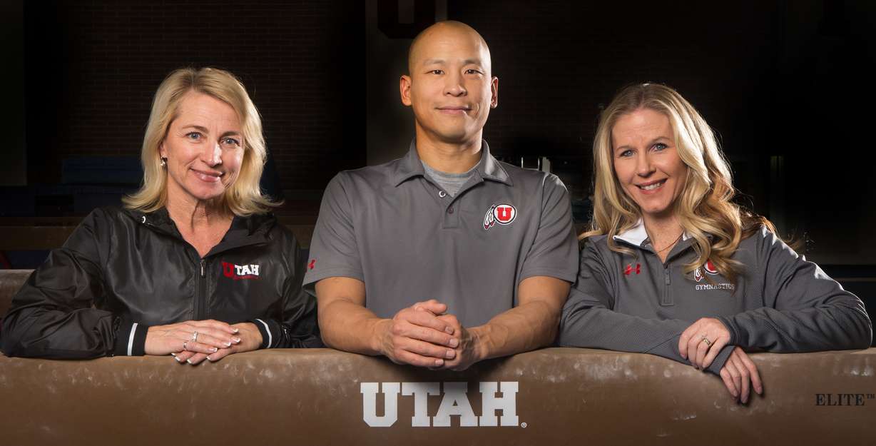 University of Utah Gymnastics coaching staff Megan Marsden co-head coach, Tom Farden co-head coach, Meredith Paulicivic assistant coach pose for photos at their practice facility in Salt Lake City Tuesday, Jan. 5, 2016. (Photo: Scott G. Winterton, Deseret News)