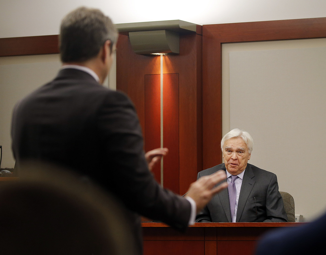 Attorney Scott Williams, left, asks questions of Jerrold Jensen during the trial of former Utah Attorney General John Swallow at the Matheson Courthouse in Salt Lake City on Thursday, Feb. 16, 2017. (Photo: Ravell Call, Deseret News)