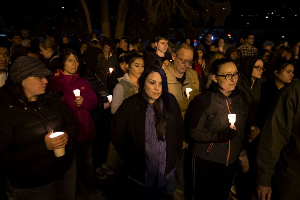Students and family members of Vidal Pacheco and Dylan Hernandez attend a vigil at West High School in Salt Lake City on Friday, Feb. 17, 2017. The two West High School students were killed in a head-on crash Thursday. A third friend and fellow classmate, senior Abraham Miranda, is in serious condition. (Photo: Laura Seitz, Deseret News)