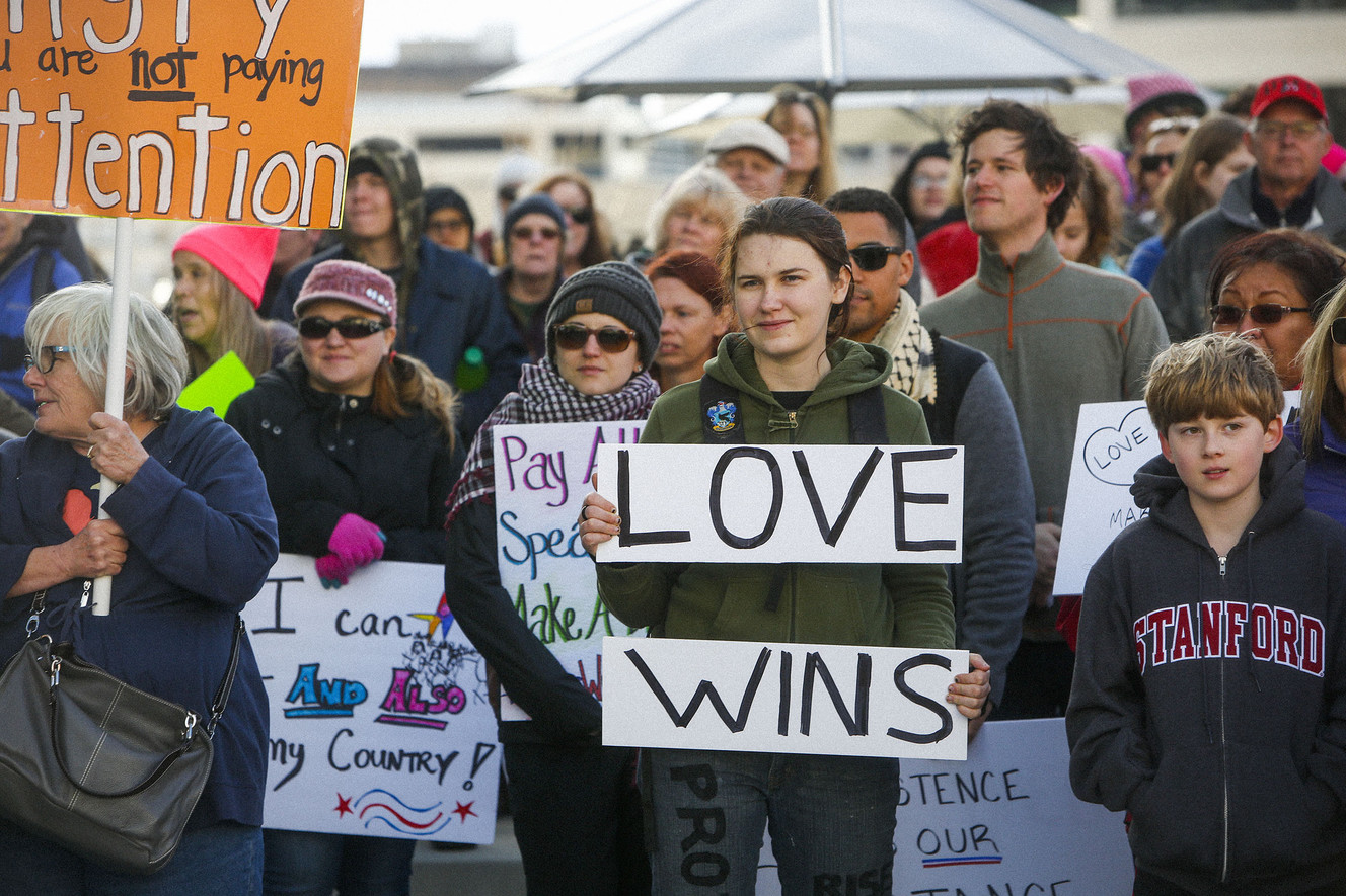 Protesters gather for a march from the Wallace F. Bennett Federal Building to Washington Square in Salt Lake City for the Not My President's Day Rally on Monday, Feb. 20, 2017. (Photo: Nicole Boliaux, Deseret News)