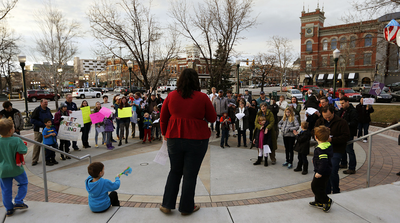 Sarah Brinton organized a group to gather in Provo on Monday, Feb. 20, 2017, to sing patriotic songs and to respectfully encourage Rep. Jason Chaffetz, R-Utah, to investigate President Donald Trump. (Photo: Ravell Call, Deseret News)