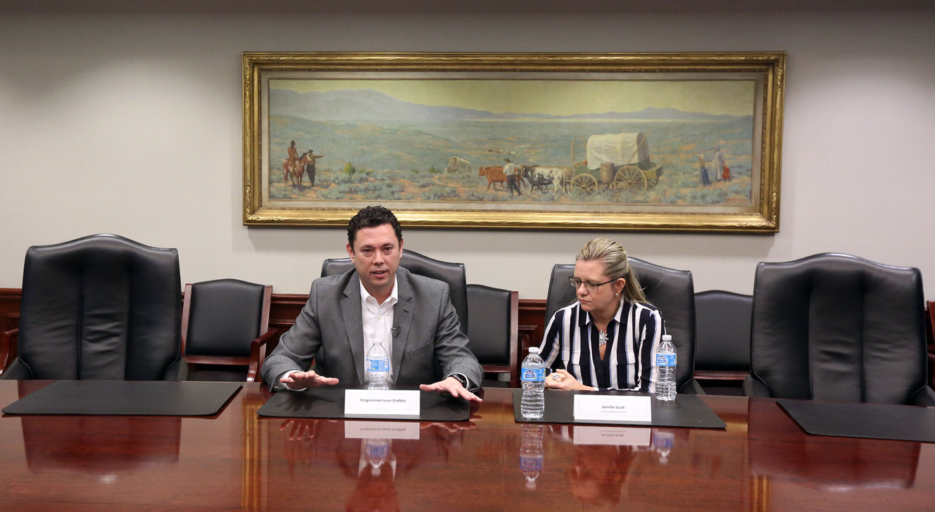 Rep. Jason Chaffetz, R-Utah, left, and Jennifer Scott, his communications director, right meet with the Deseret News and KSL editorial boards in Salt Lake City on Tuesday, Feb. 21, 2017. (Photo: Kristin Murphy, Deseret News)