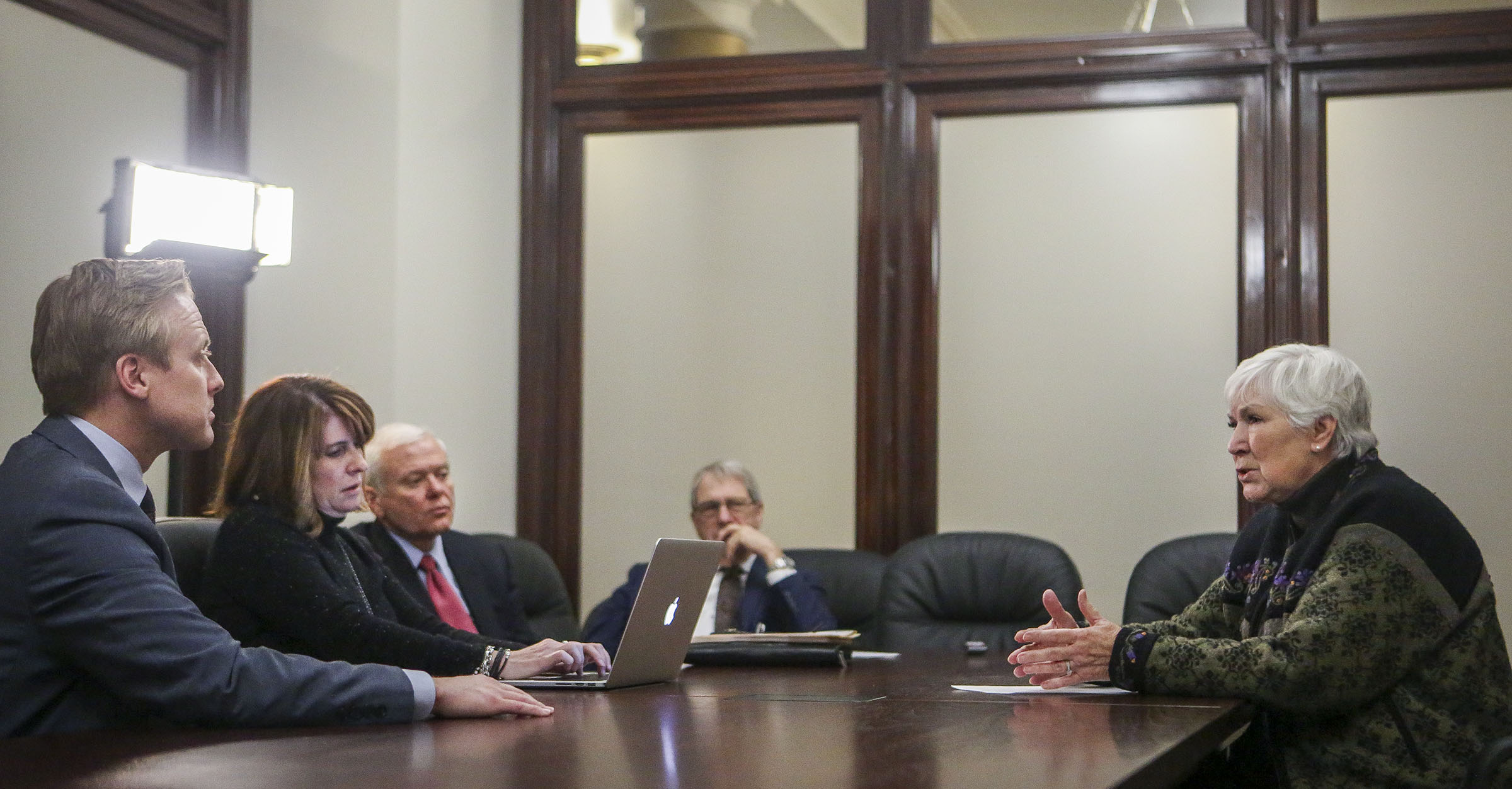Gail Miller, owner of the Utah Jazz, speaks about the Our Schools Now proposal to raise the income tax rate from 5 percent to 5.875 percent during an interview at the Capitol in Salt Lake City on Thursday, Feb. 23, 2017. (Photo: Nicole Boliaux, Deseret News)