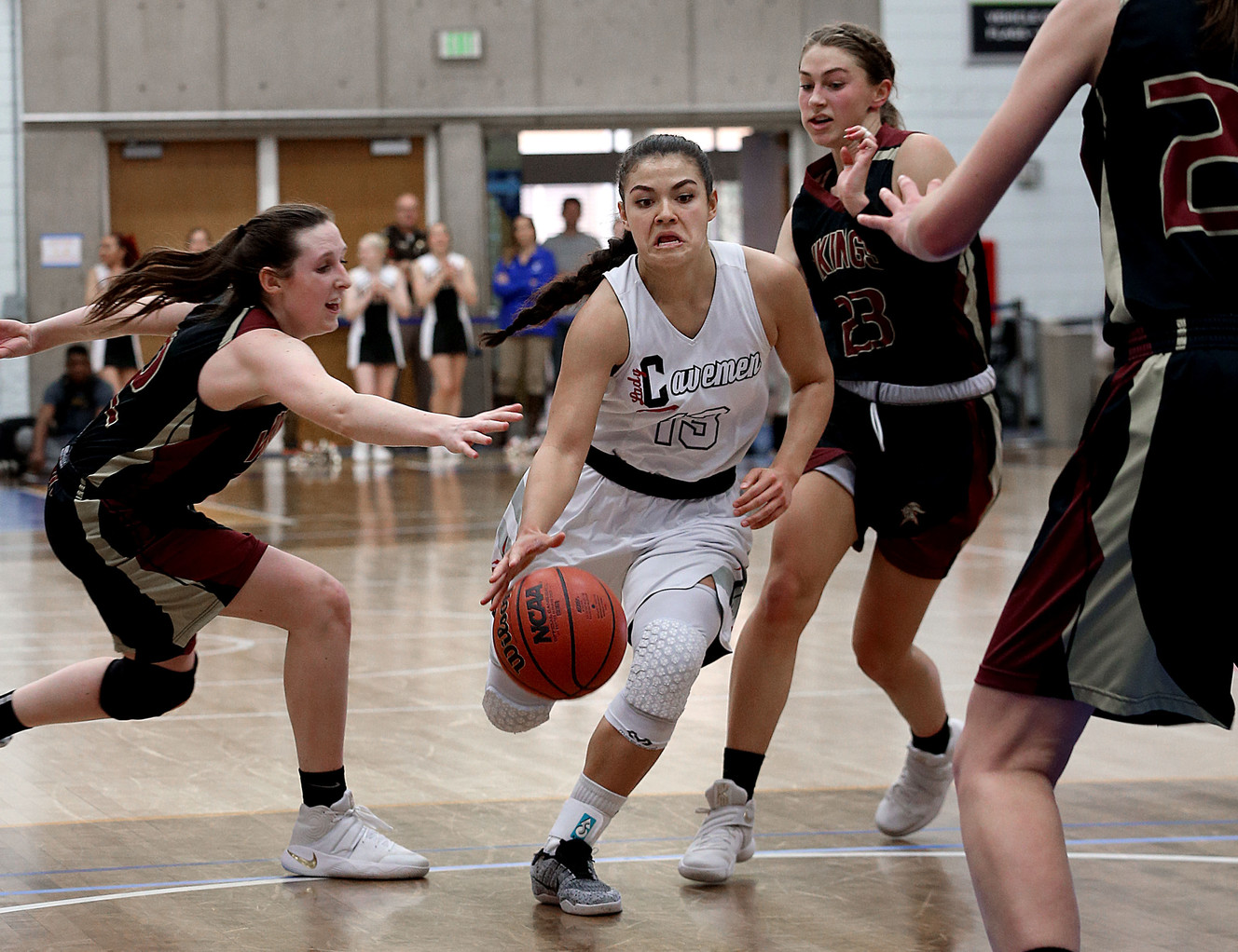 American Fork's Taylor Moeaki drives through Viewmont's defense #12 Mercedes Staples and #23 Tori Page during 5A girls basketball at Salt Lake Community College in Taylorsville on Saturday, Feb. 25, 2017. (Photo: Laura Seitz, Deseret News)