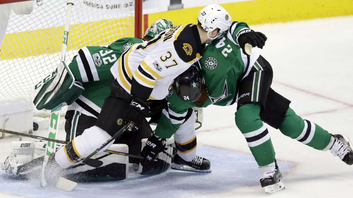 Bergeron scores 2, Bruins beat Stars 6-3 to end winning trip