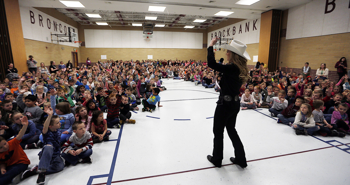 Miss Rodeo Utah 2017 McKenna Hales talks to students during the Champion Challenge Rodeo Assembly at Brockbank Elementary School in Spanish Fork on Monday, Feb. 27, 2017. The challenge encourages students to read. (Photo: Ravell Call, Deseret News)