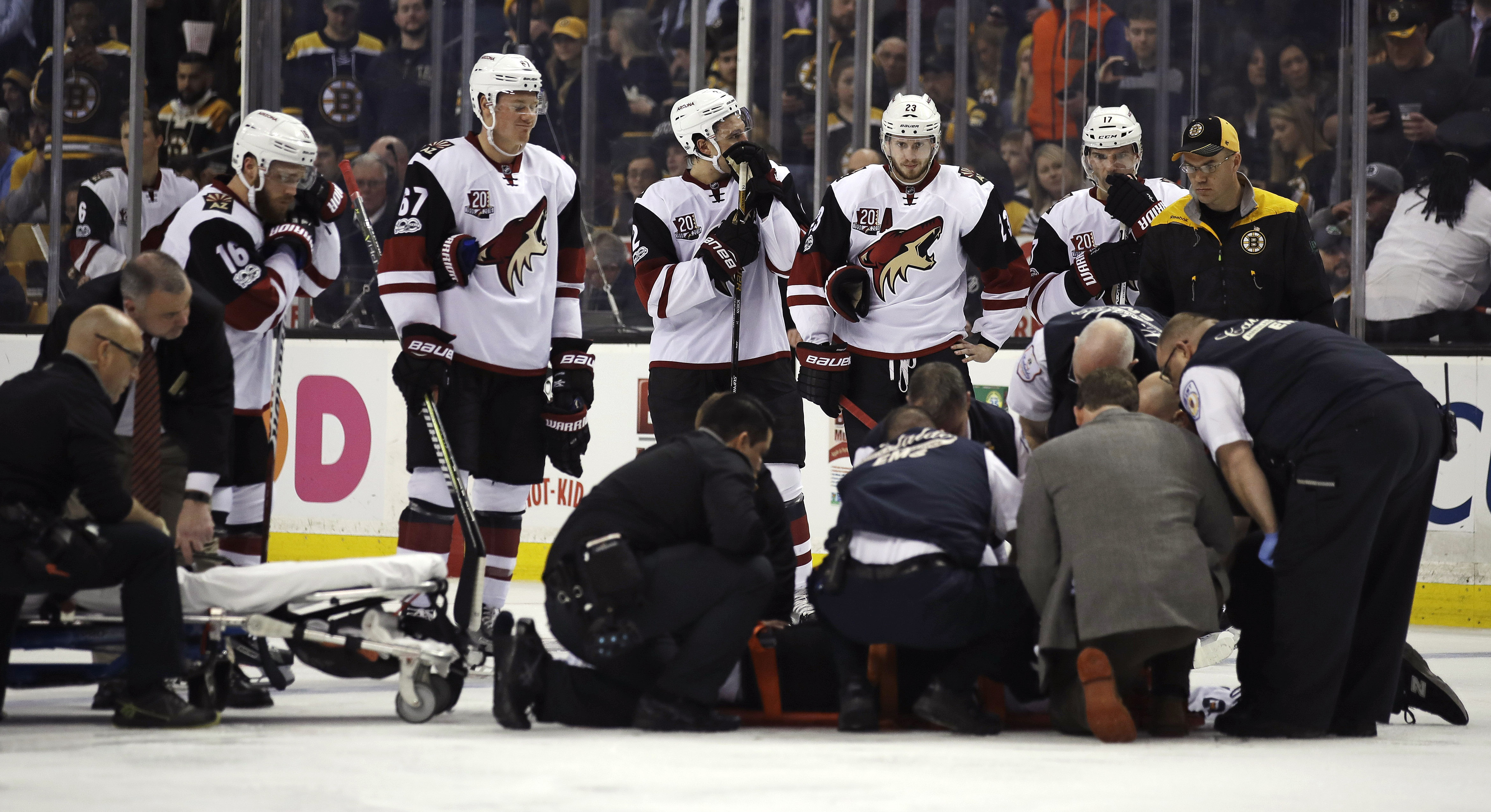 Bruins win 4-1 after scary injury to Coyotes' Burmistrov