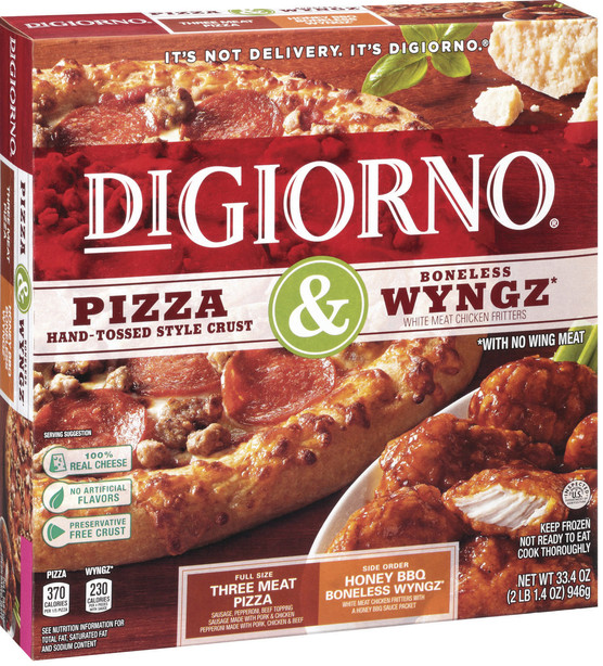 This photo provided by Nestle USA shows a package containing DiGiorno pizza and boneless Wyngz. Photo: Nestle USA