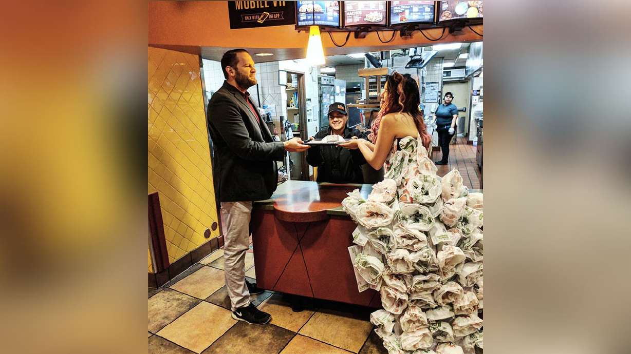 Bride-to-be crafts wedding dress out of Taco Bell burrito wrappers