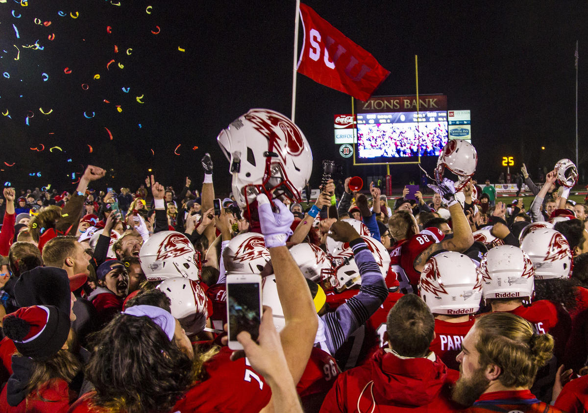 Southern Utah celebrates after defeating Northern Arizona 49-41 and winning the Big Sky Conference title, after an NCAA college football game Saturday, Nov. 21, 2015, in Cedar City, Utah. (Jordan Allred, The Spectrum & Daily News via AP, File)