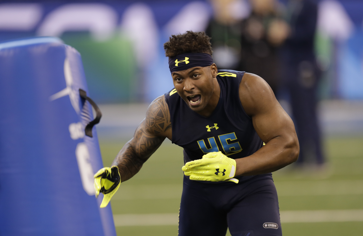 Utah defensive end Pita Taumoepenu competes in a drill at the 2017 NFL football scouting combine Sunday, March 5, 2017, in Indianapolis. (AP Photo/Gregory Payan)