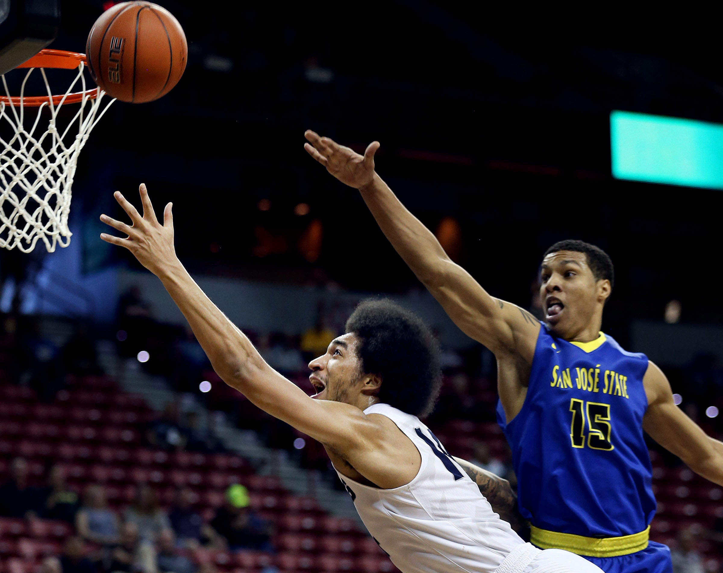 Utah State Aggies Jalen Moore drives against San Jose State Spartans' Brandon Clarke at the Mountain West Men's Basketball Championship at the Thomas & Mack Center, Las Vegas, Nevada on Wednesday, March 8, 2017. (Photo: Laura Seitz, Deseret News)