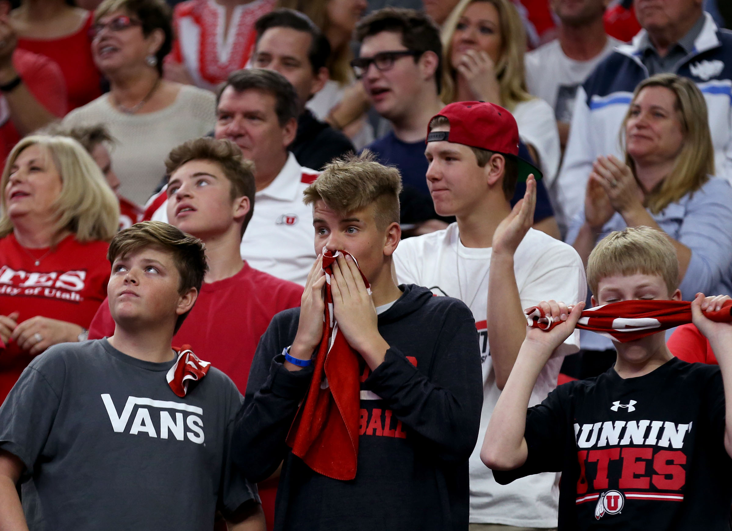 Utah fans watch as Utah closes the score to 73-72 with 29 seconds left in the Pac-12 Tournament at T-Mobile Arena in Las Vegas, Nevada on Thursday, March 9, 2017. (Photo: Laura Seitz, Deseret News)