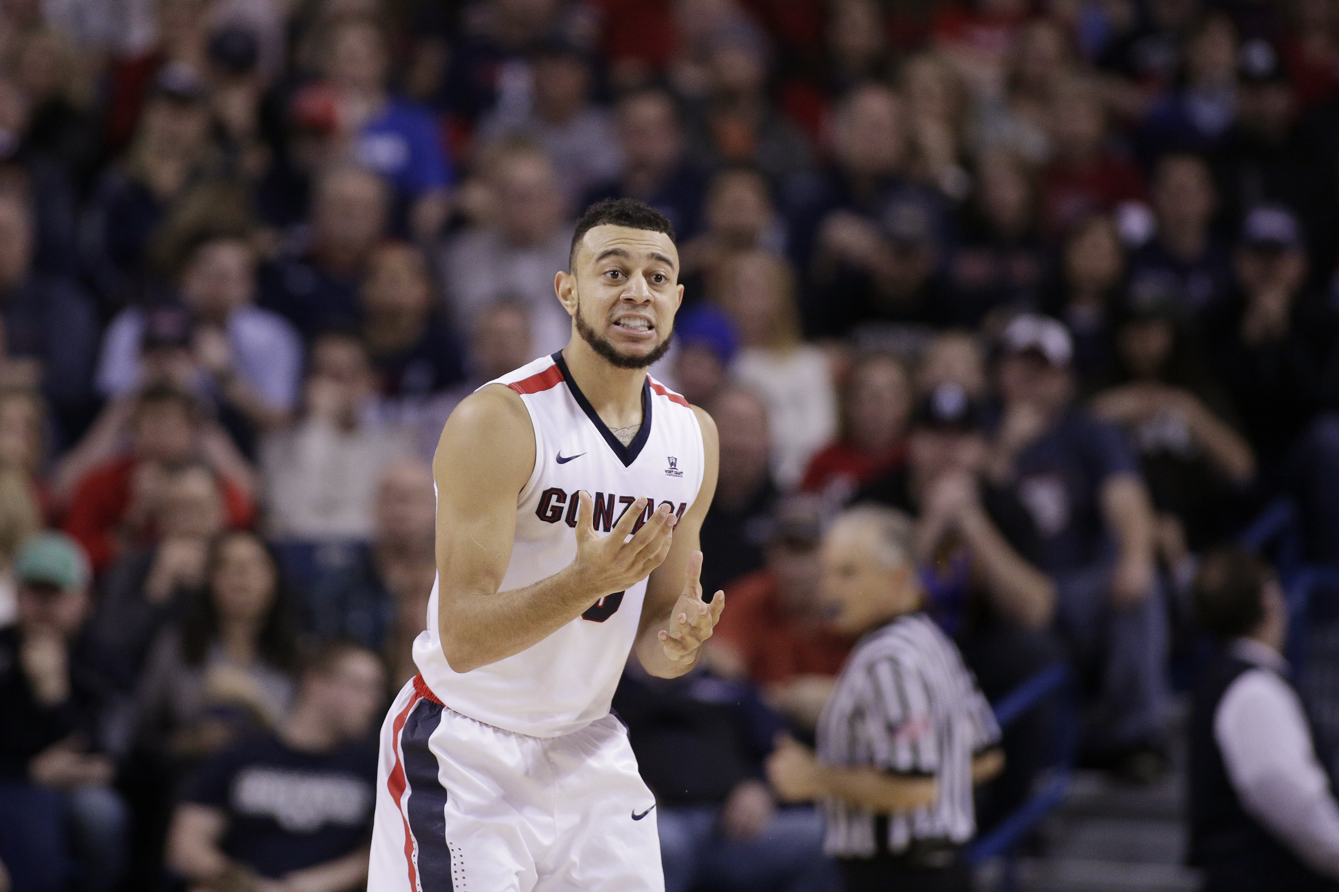 Gonzaga guard Nigel Williams-Goss speaks to his team during the second half of an NCAA college basketball game against BYU in Spokane, Wash., Saturday, Feb. 25, 2017. (Young Kwak, AP Photo, File)